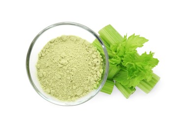 Bowl of celery powder and fresh cut stalk isolated on white, top view