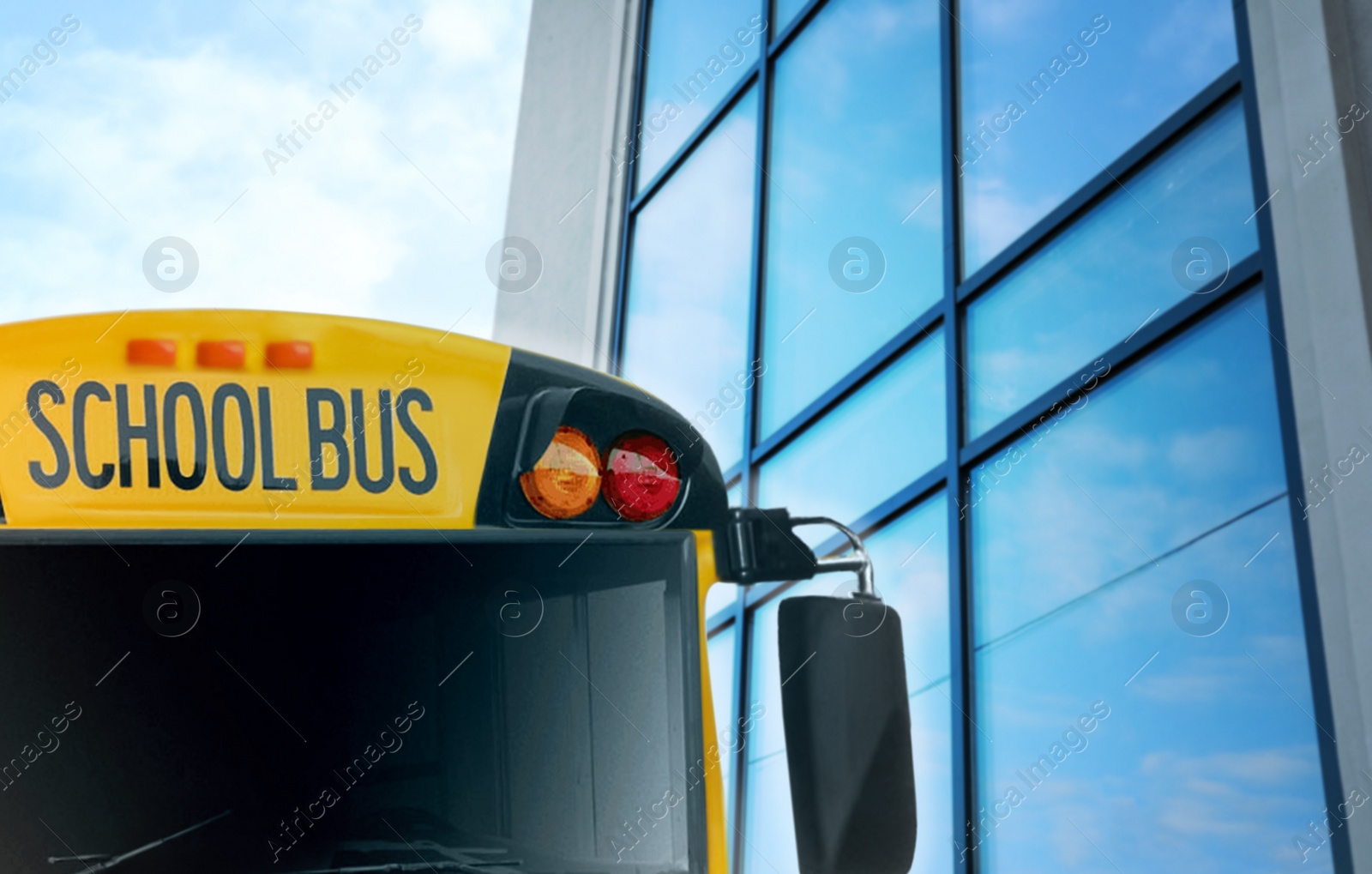 Image of Yellow school bus outdoors, closeup. Transport for students