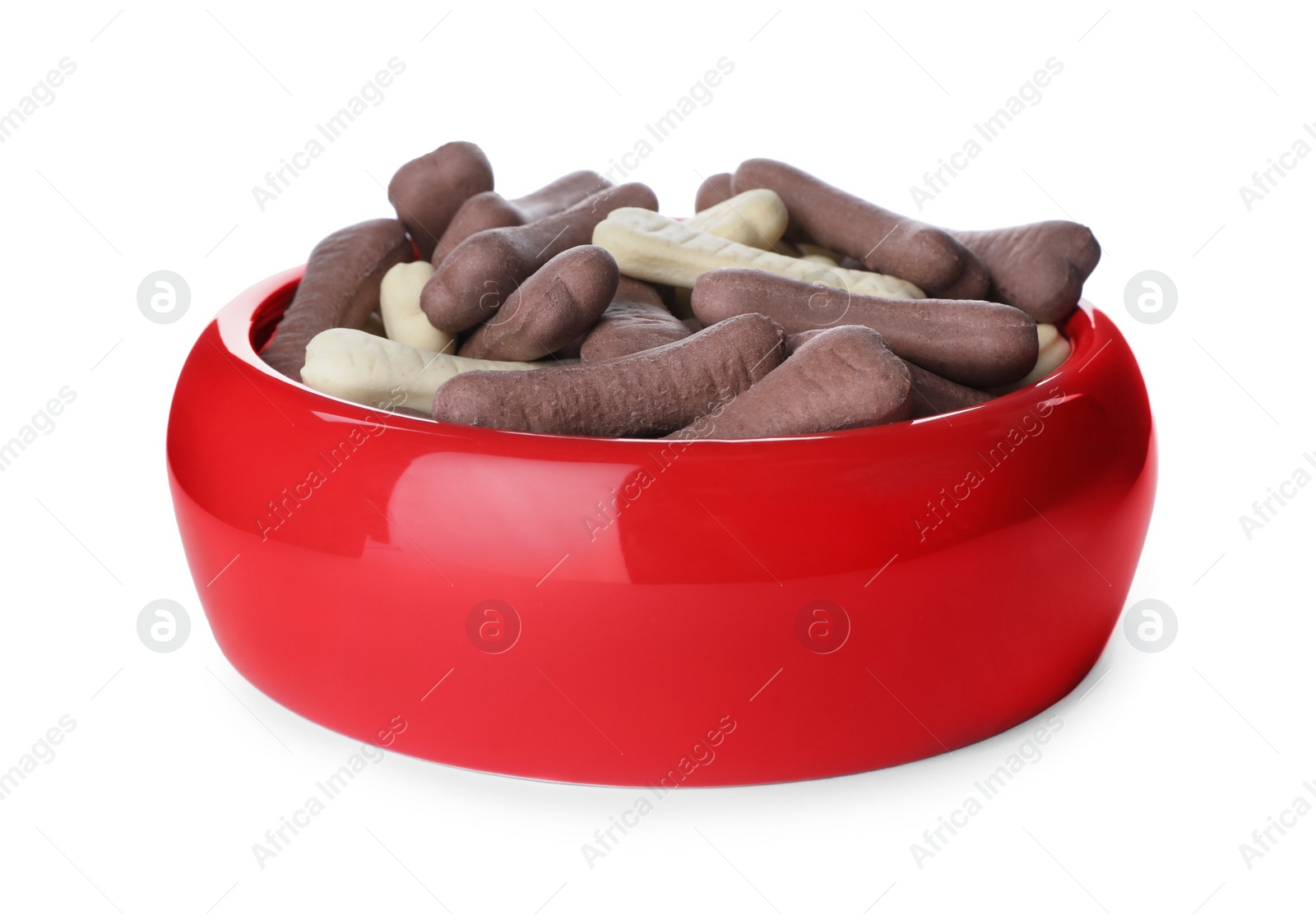 Photo of Different bone shaped dog cookies in feeding bowl isolated on white