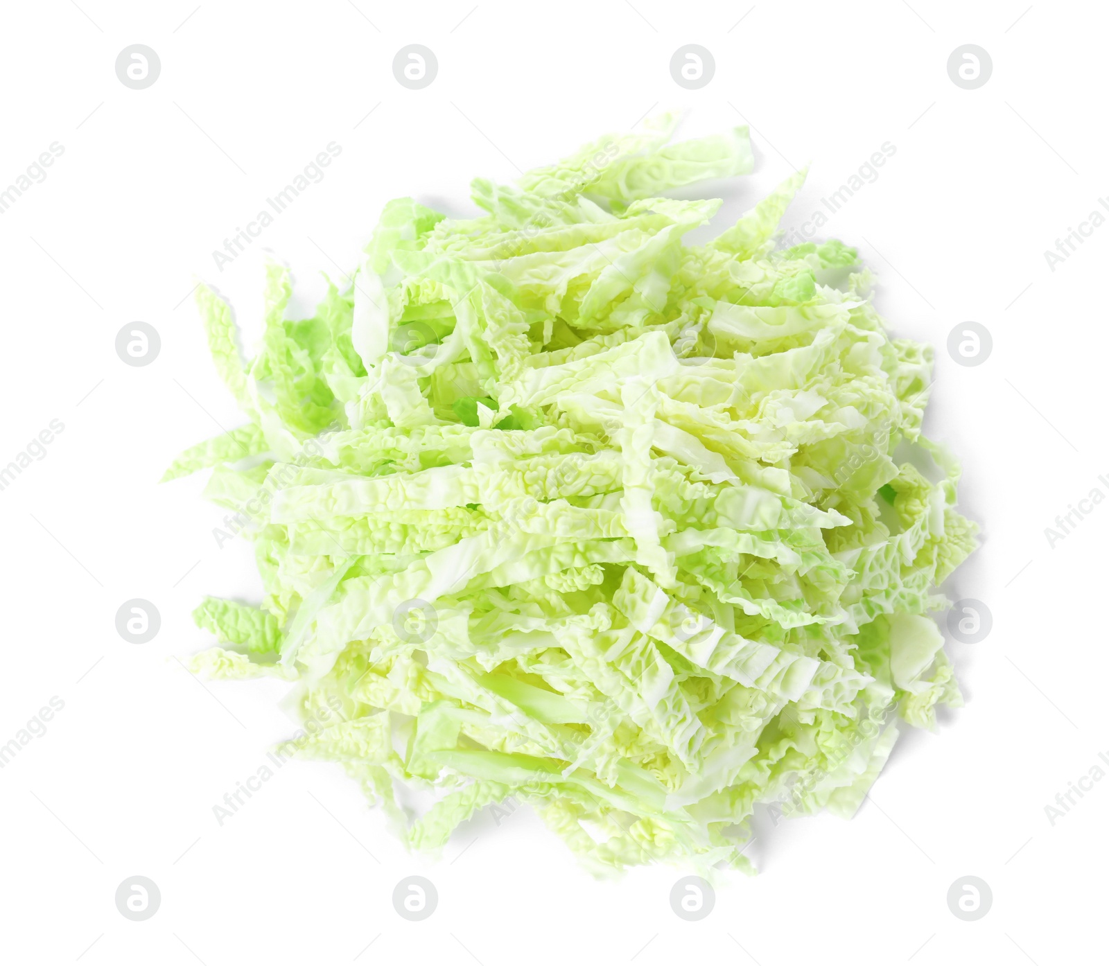 Photo of Pile of chopped savoy cabbage isolated on white, top view