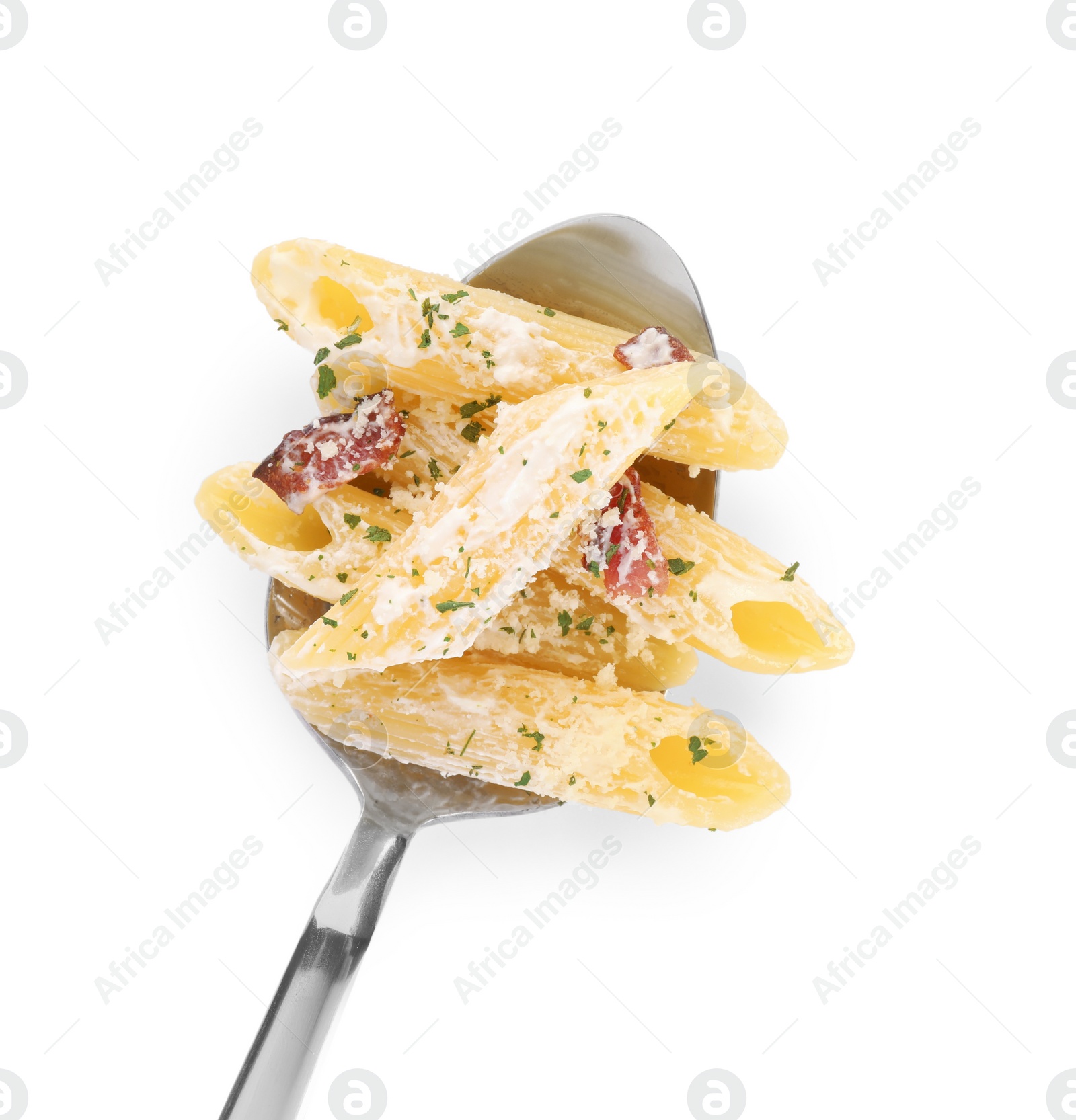 Photo of Spoon with tasty pasta isolated on white, top view