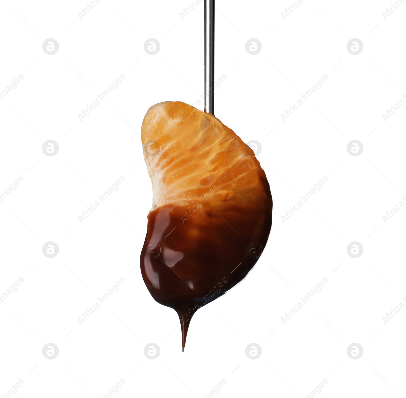 Photo of Fork with tangerine segment dipped into chocolate fondue on white background