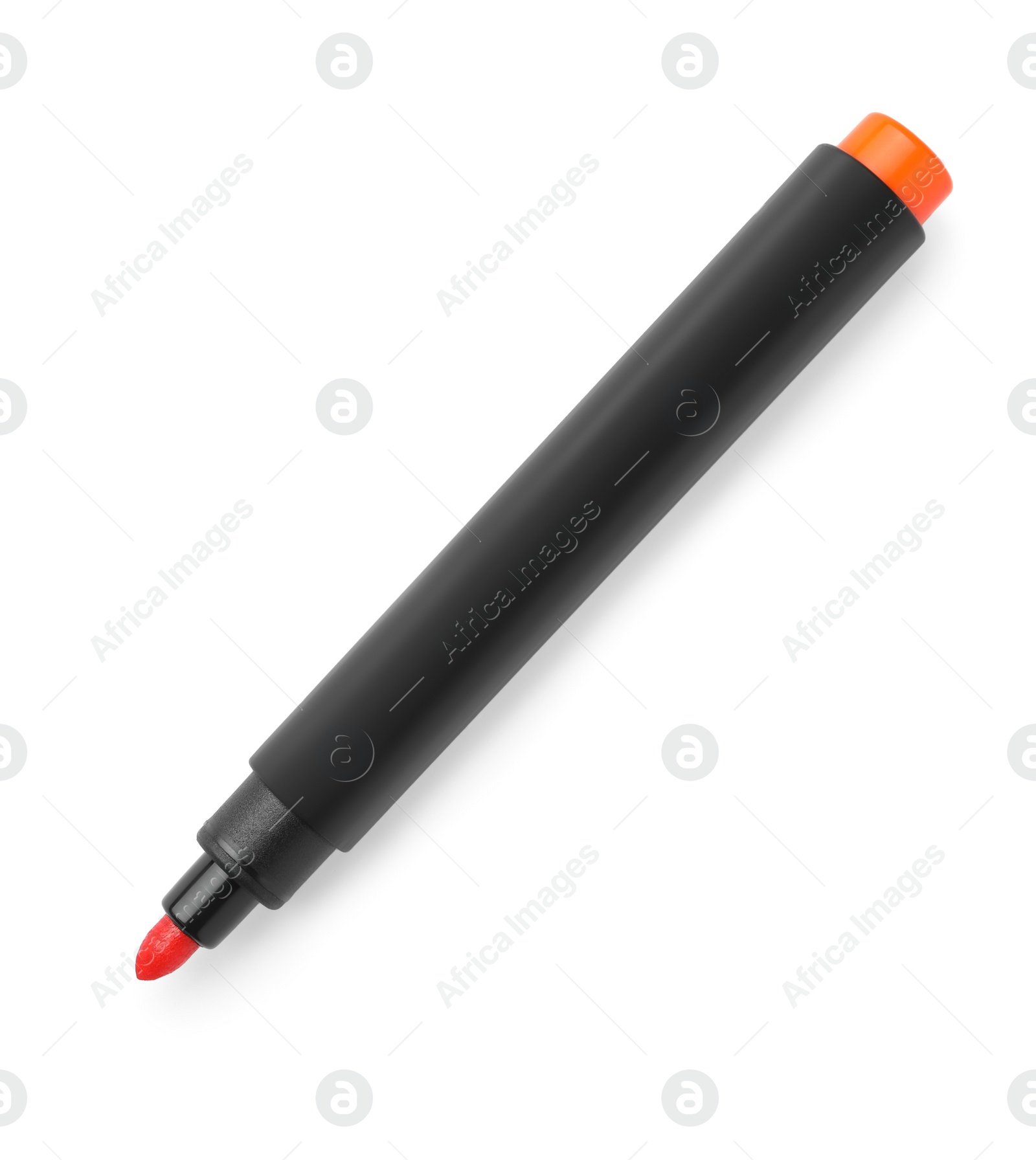 Photo of Bright orange marker isolated on white, top view. School stationery