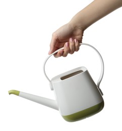 Photo of Woman holding watering can on white background, closeup