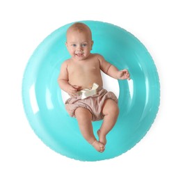 Cute little baby with inflatable ring on white background, top view