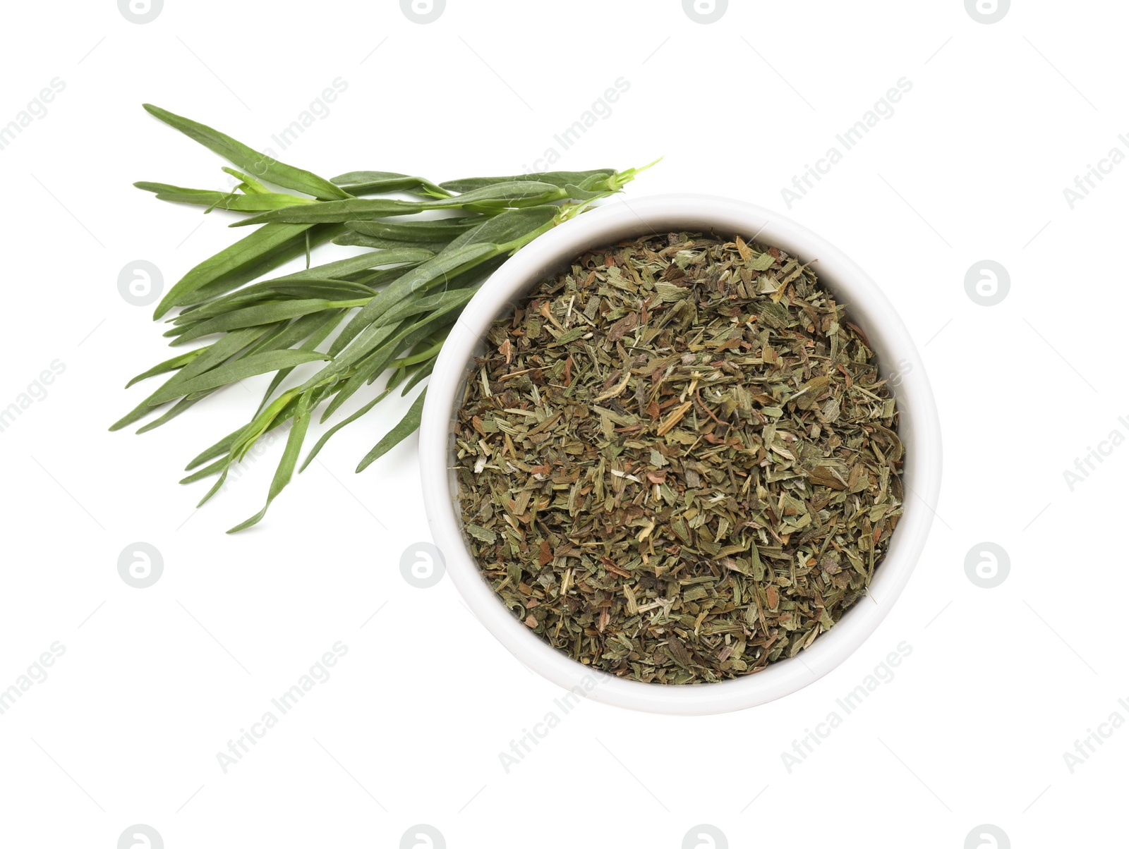 Photo of Bowl of dry tarragon and fresh leaves isolated on white, top view