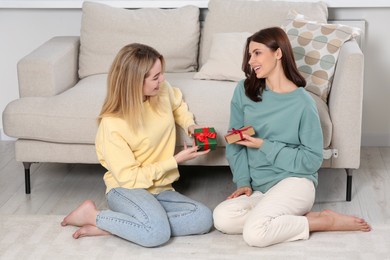 Smiling young women presenting gifts to each other at home