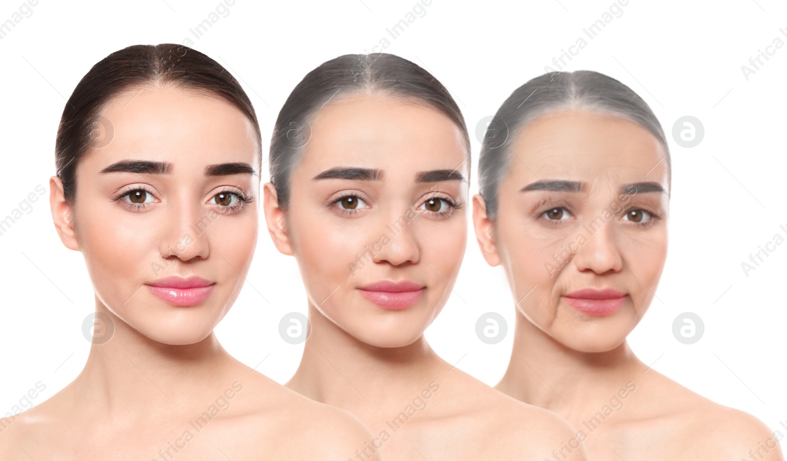 Image of Natural aging, comparison. Portraits of woman in different ages on white background