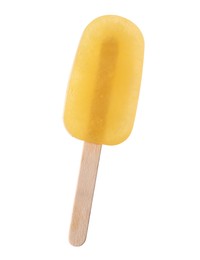 Photo of Tasty orange ice pop isolated on white. Fruit popsicle