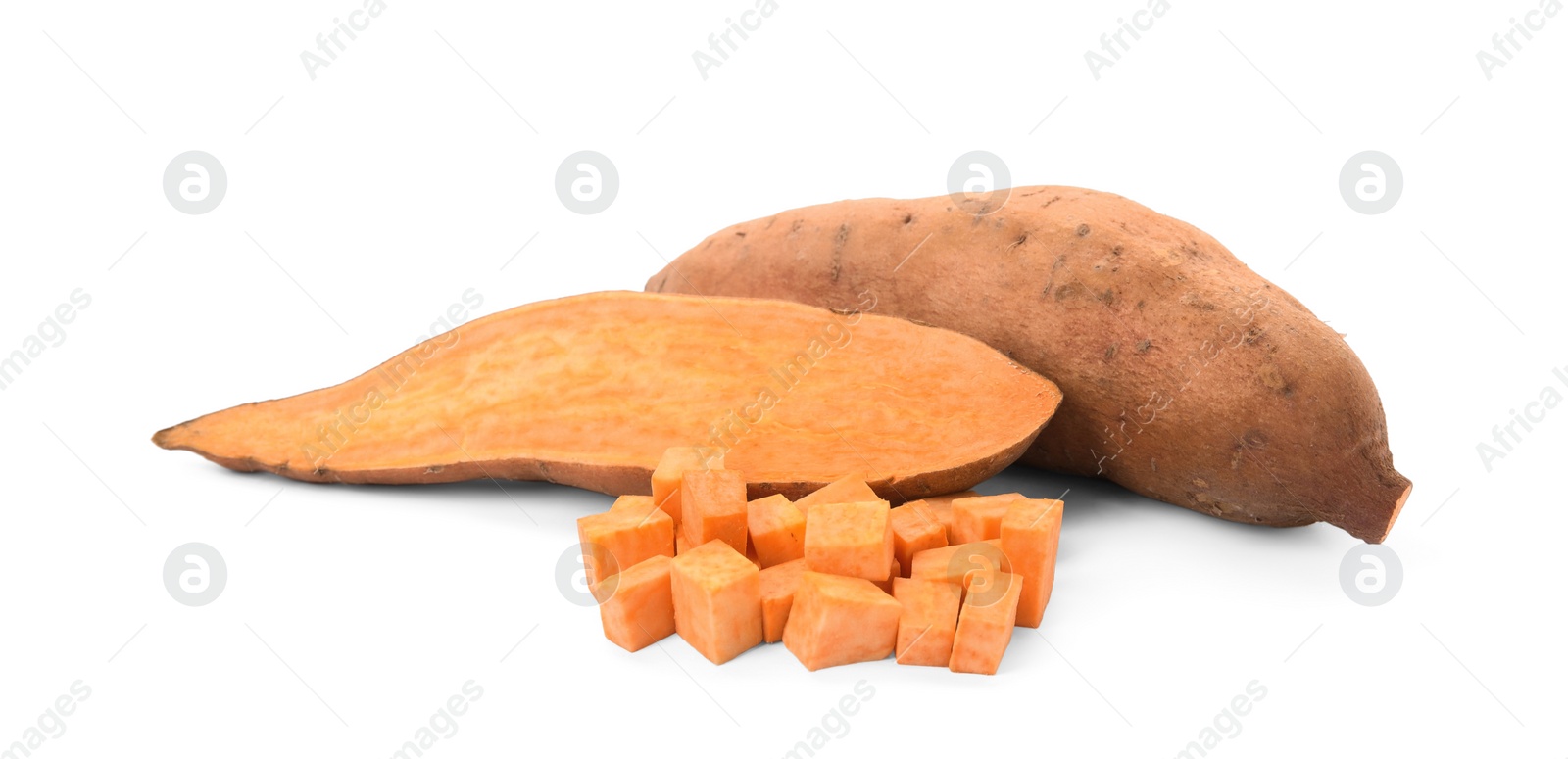 Photo of Cut and whole sweet potatoes on white background