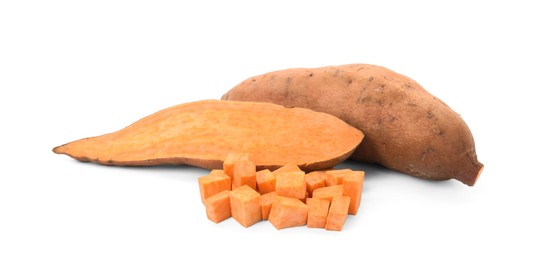 Photo of Cut and whole sweet potatoes on white background