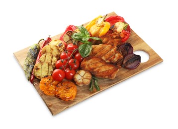 Photo of Wooden board with tasty grilled vegetables, meat, rosemary and basil isolated on white