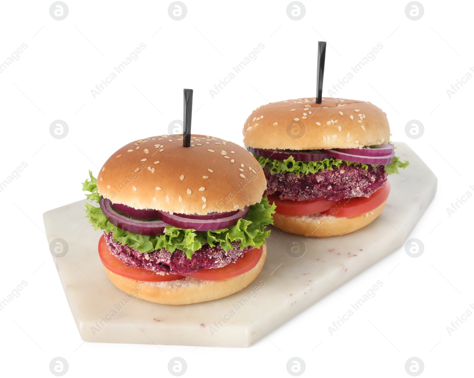 Photo of Tasty vegetarian burgers with beet patties isolated on white