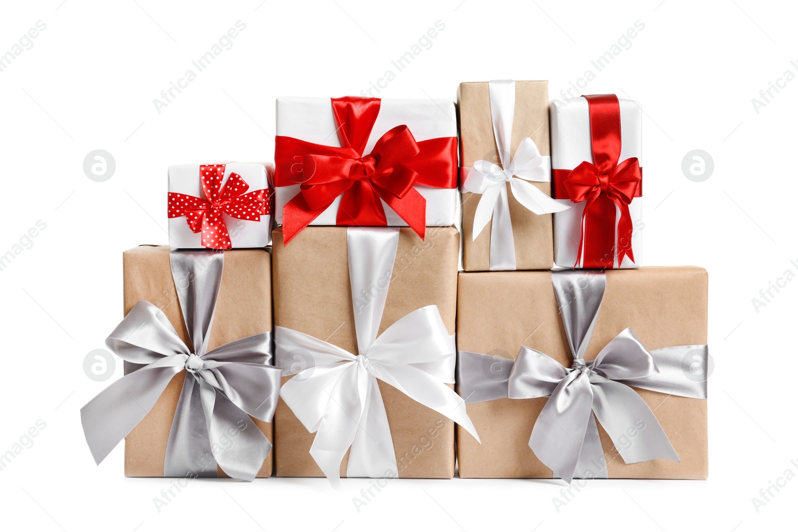 Photo of Beautifully wrapped gift boxes on white background