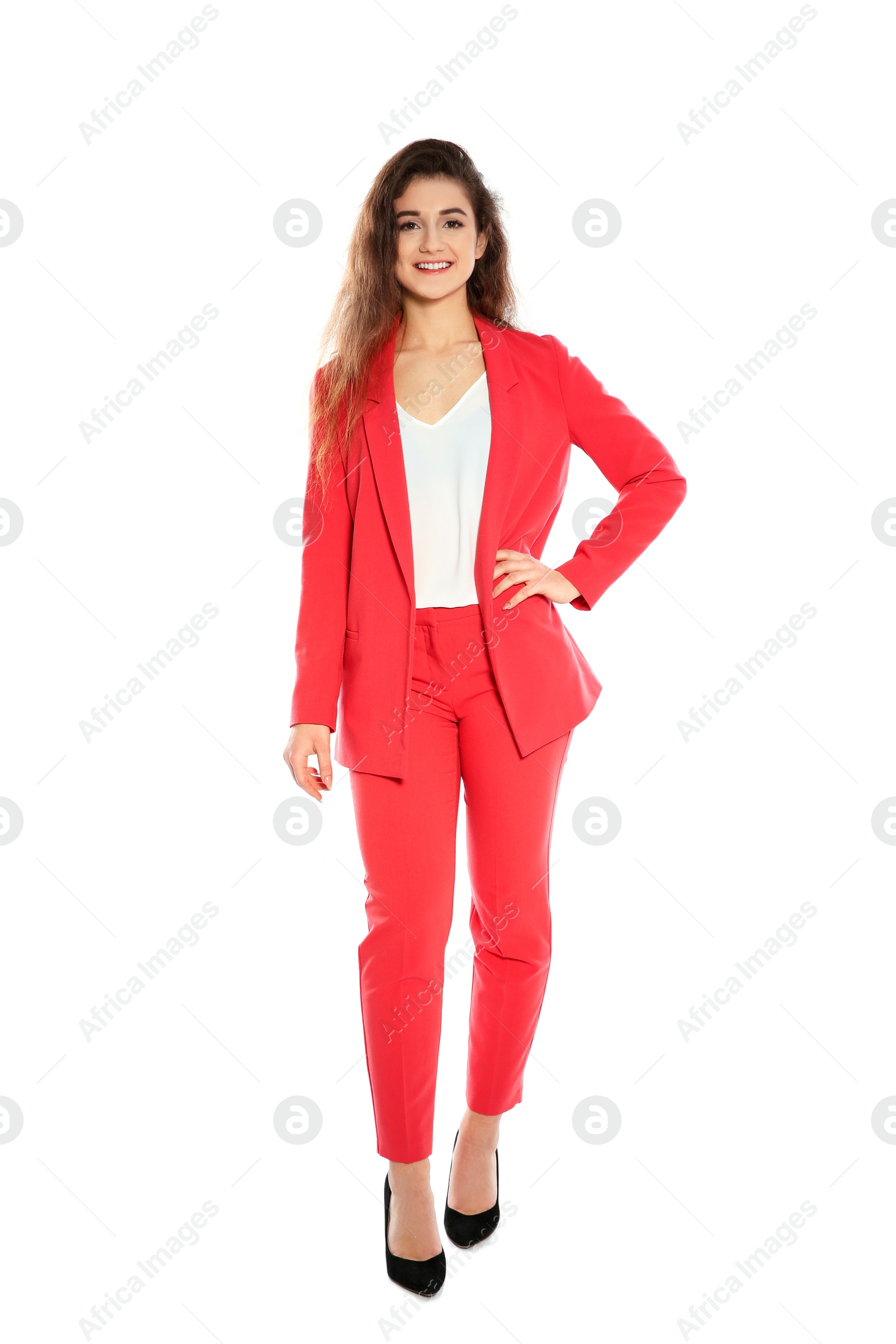 Photo of Beautiful young woman in stylish suit on white background