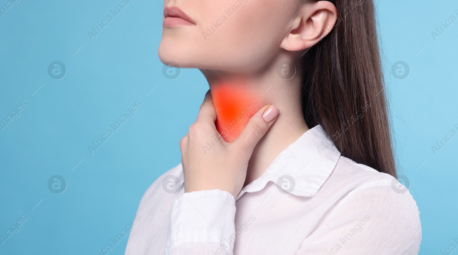 Image of Endocrine system. Woman doing thyroid self examination on light blue background, closeup. Banner design with space for text