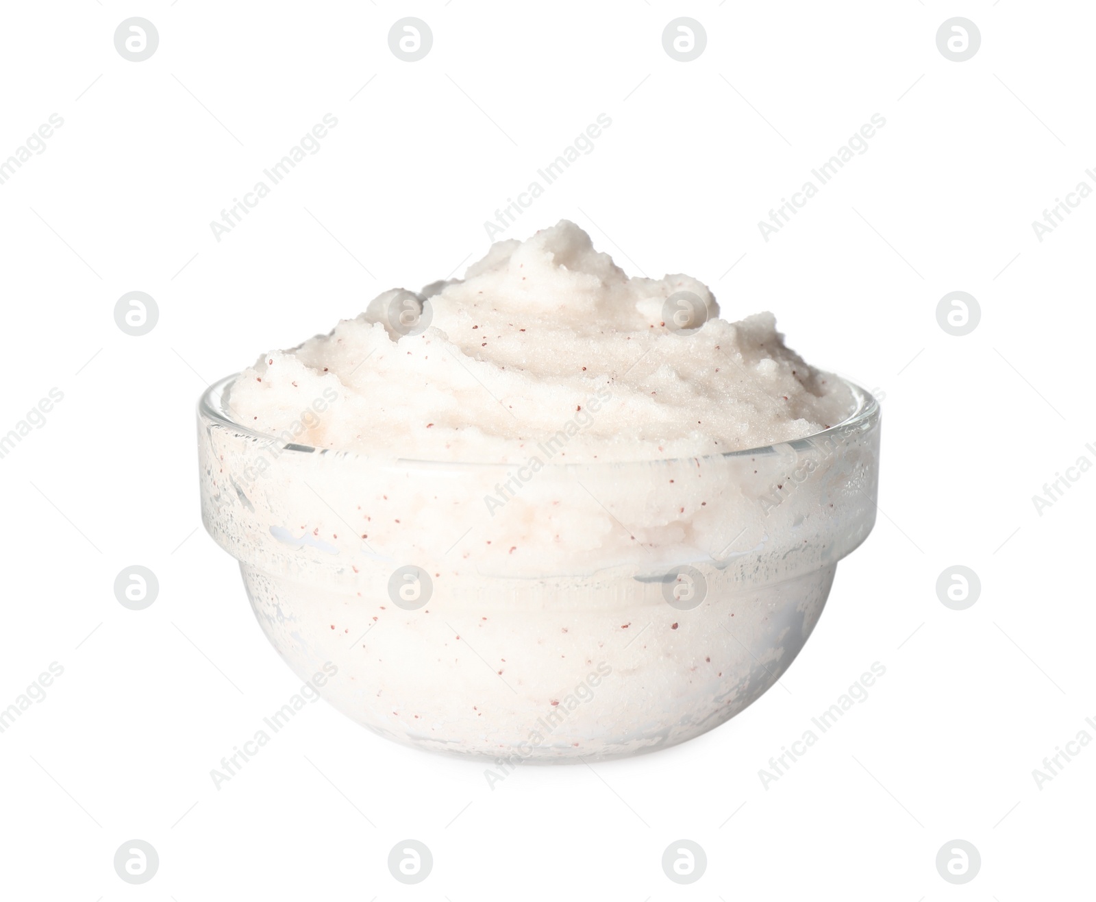 Photo of Glass bowl of body scrub isolated on white