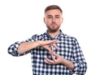Man showing word INTERPRETER in sign language on white background
