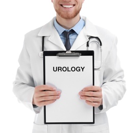 Male doctor holding clipboard with word UROLOGY on white background, closeup