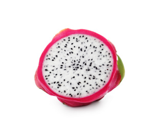 Photo of Half of delicious ripe dragon fruit (pitahaya) on white background