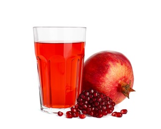 Photo of Refreshing pomegranate juice in glass, seeds and fruit isolated on white