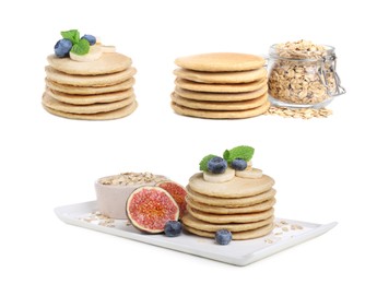 Image of Set with tasty oatmeal pancakes on white background