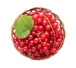 Photo of Delicious ripe red currants in bowl isolated on white, top view