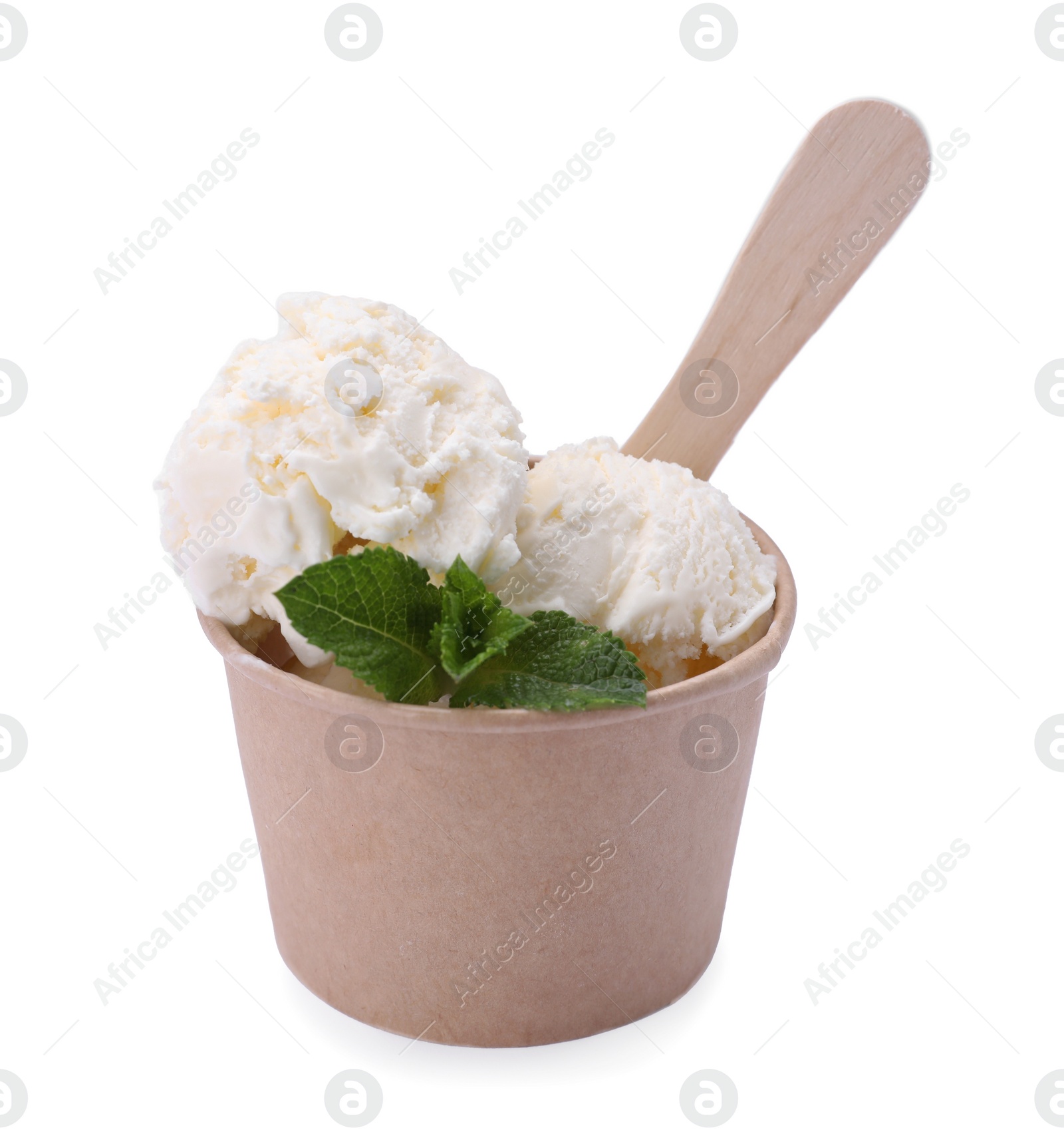 Photo of Paper cup with tasty ice cream and mint leaves isolated on white