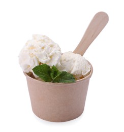 Photo of Paper cup with tasty ice cream and mint leaves isolated on white