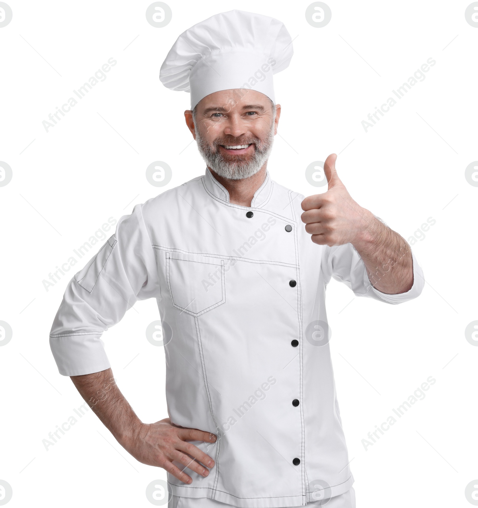 Photo of Happy chef in uniform showing thumbs up on white background