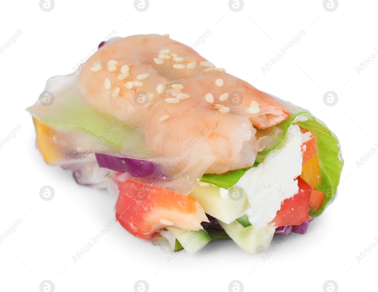 Photo of Delicious roll wrapped in rice paper on white background, closeup