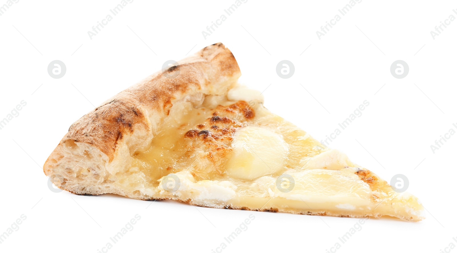 Photo of Slice of tasty cheese pizza isolated on white