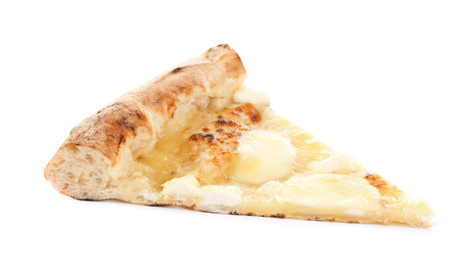 Photo of Slice of tasty cheese pizza isolated on white