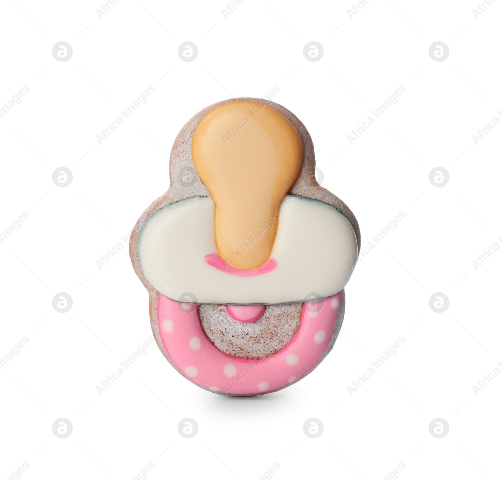 Photo of Tasty cookie in shape of pacifier isolated on white. Baby shower party