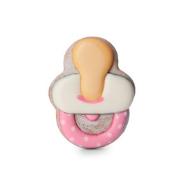 Tasty cookie in shape of pacifier isolated on white. Baby shower party