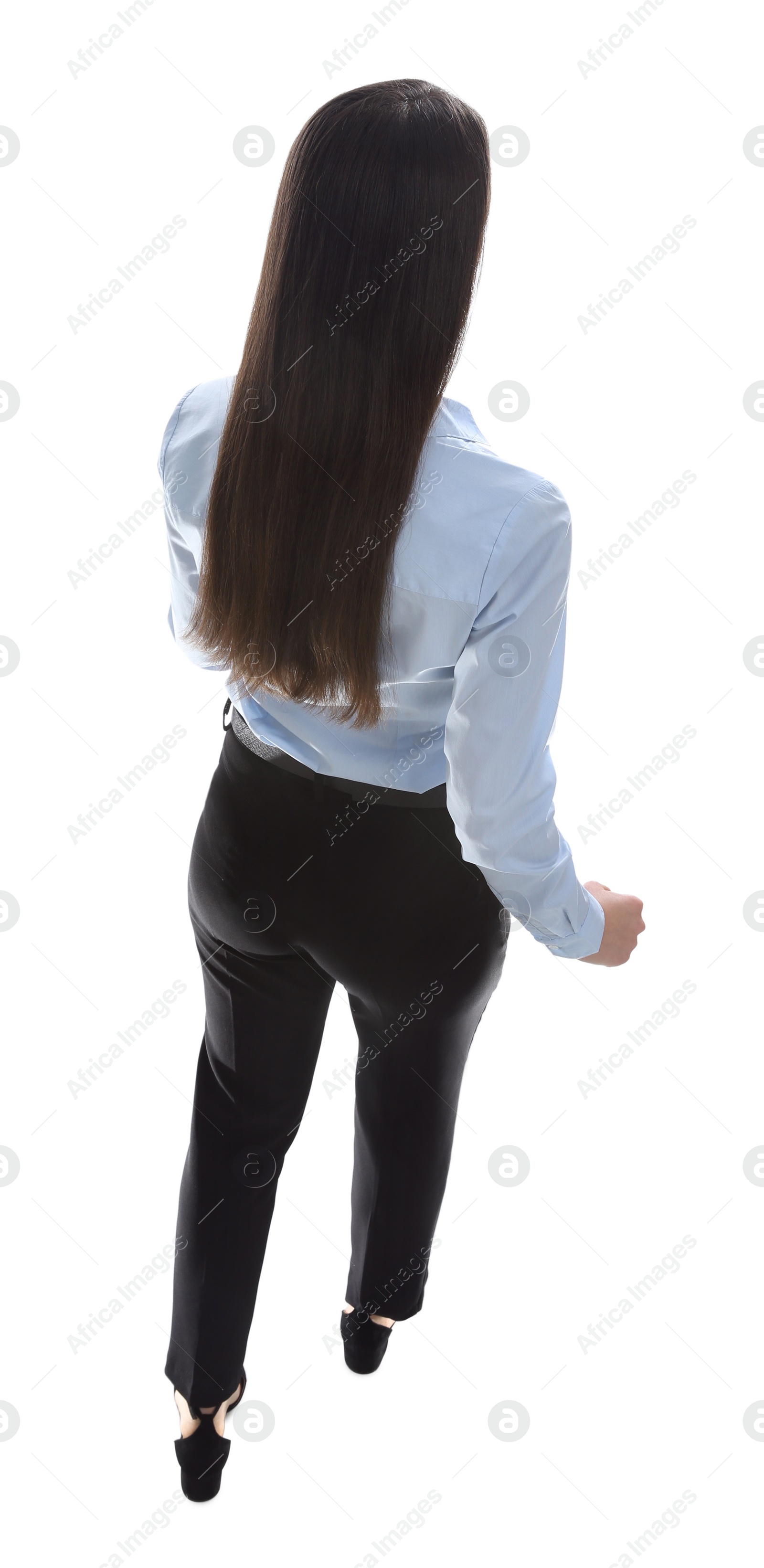 Photo of Young businesswoman in elegant suit on white background, back view