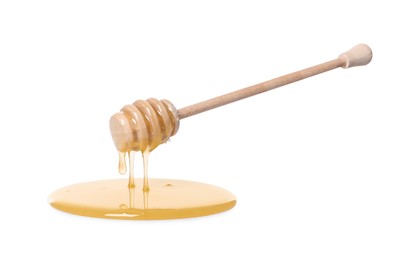 Photo of Natural honey dripping from dipper on white background