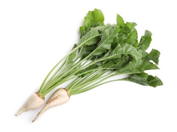 Photo of Sugar beets with leaves on white background, top view
