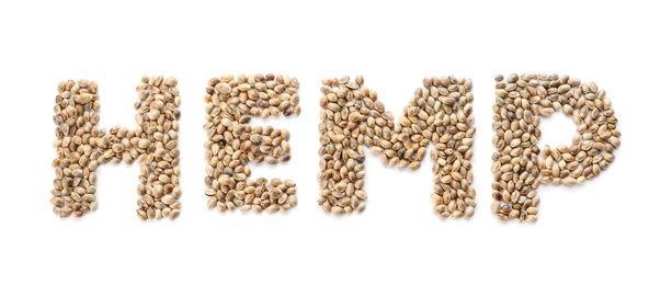 Photo of Word HEMP made of seeds on white background, top view