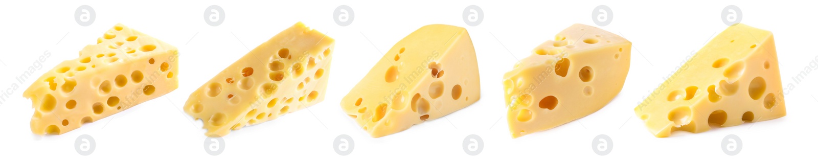 Image of Set with pieces of delicious cheese on white background. Banner design