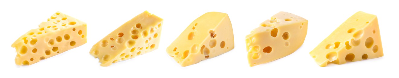 Image of Set with pieces of delicious cheese on white background. Banner design