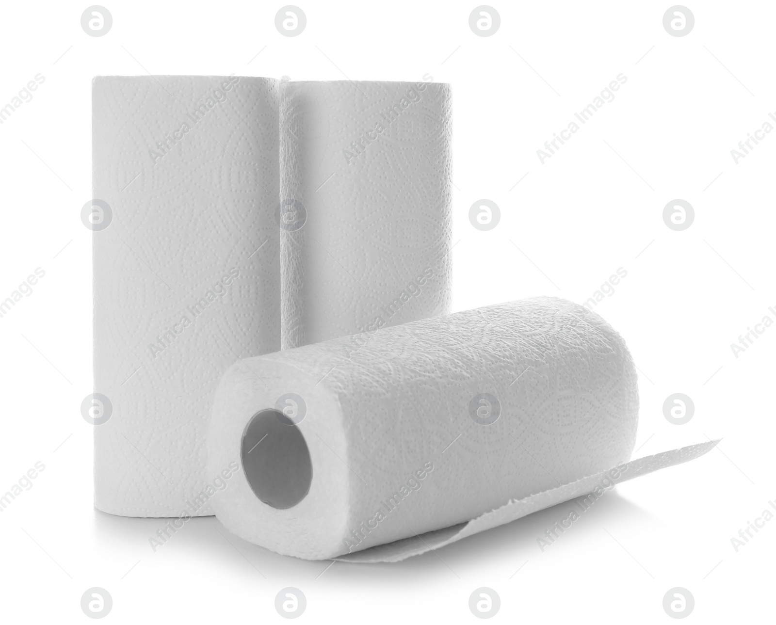 Photo of Rolls of paper towels on white background