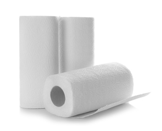 Rolls of paper towels on white background