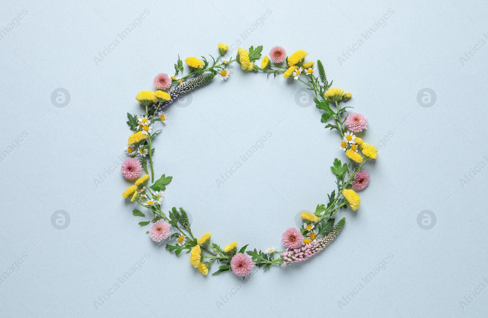 Photo of Wreath made of beautiful flowers and green leaves on light blue background, flat lay. Space for text