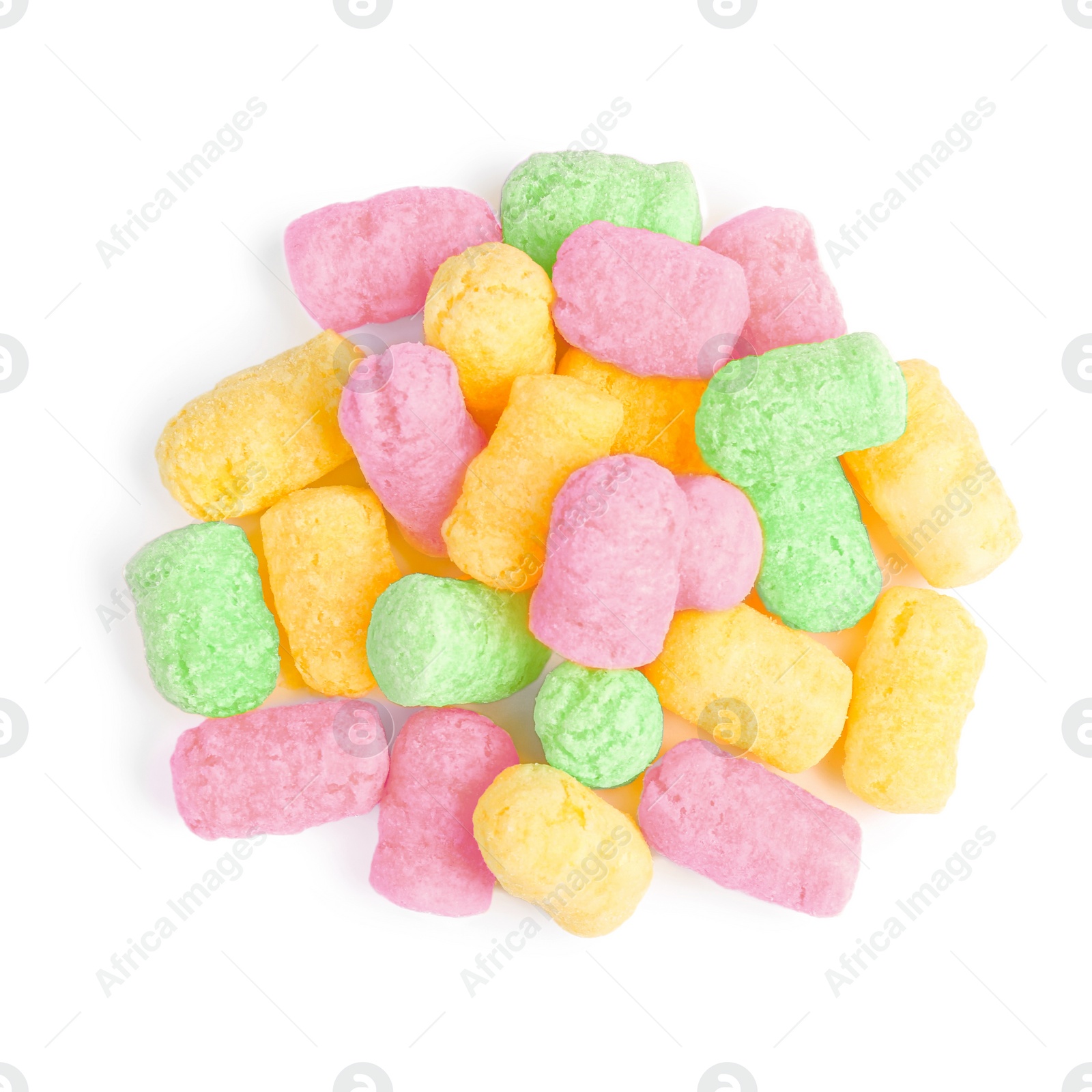 Image of Pile of colorful corn puffs on white background, top view