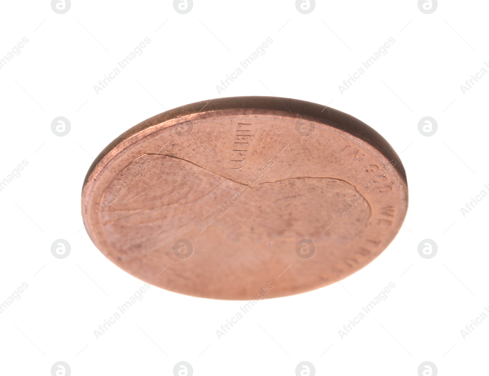 Photo of United States one cent coin on white background