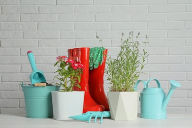 Beautiful flowers and gardening tools on wooden table near white brick wall