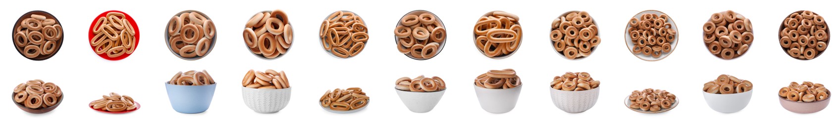 Collage with delicious Sushki (dry bagels) on white background, side and top views. Banner design