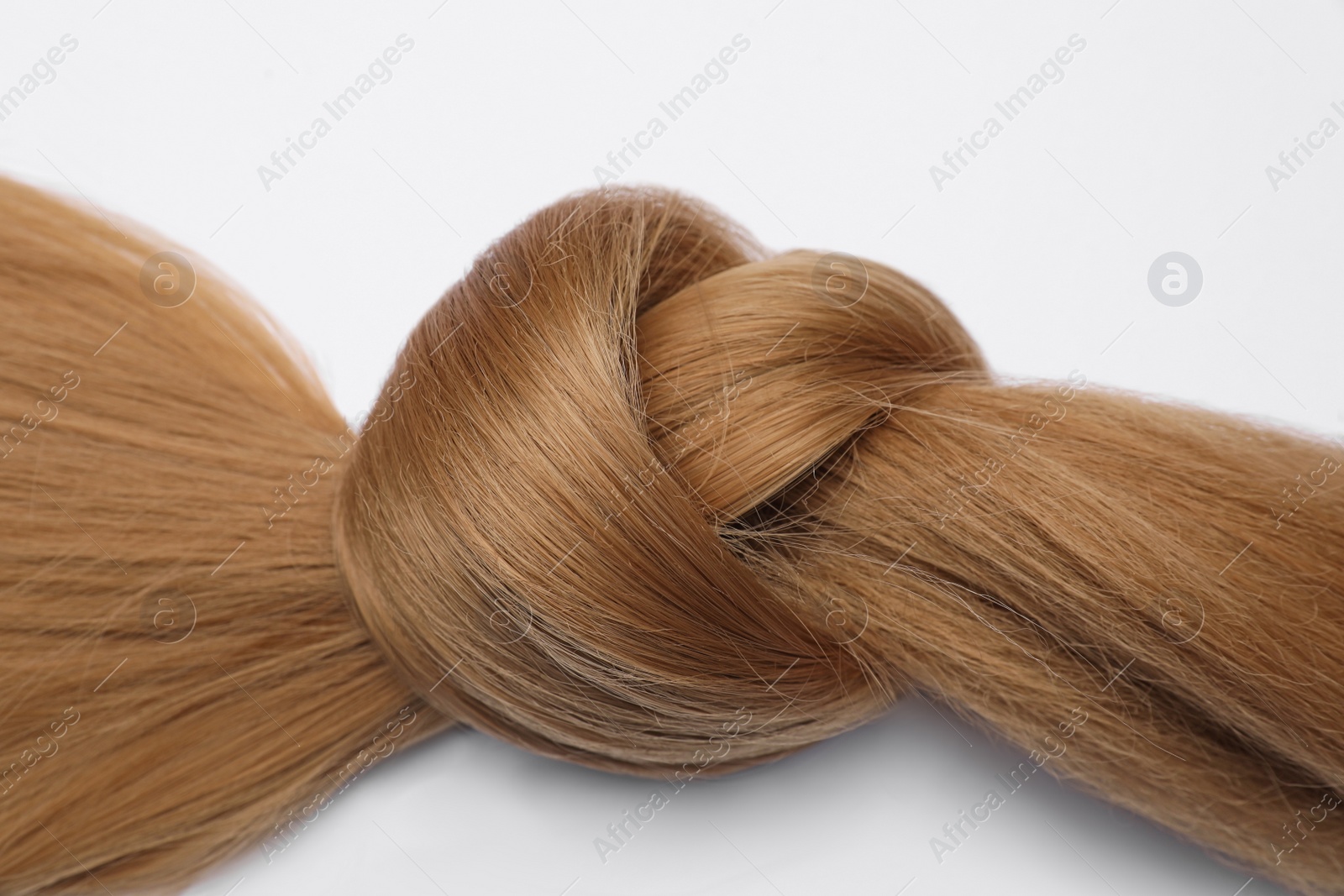 Photo of Beautiful strand of dark blonde hair tied in knot on white background