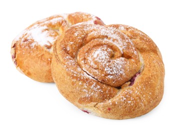 Photo of Delicious rolls with jam and powdered sugar isolated on white. Sweet buns